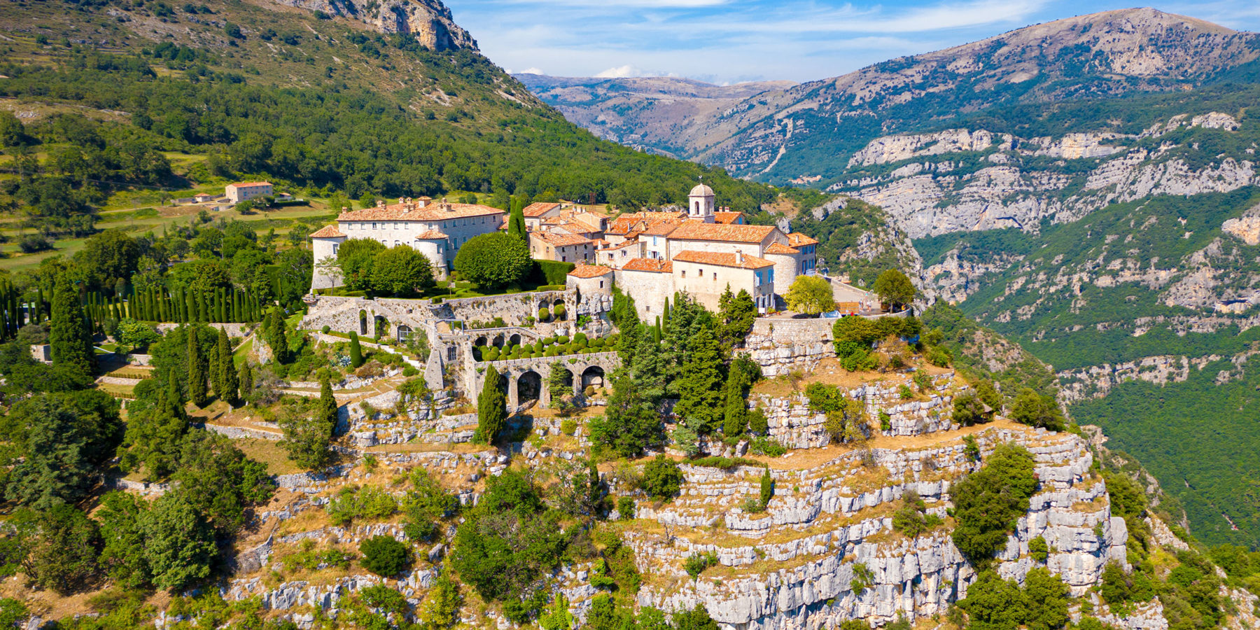 View of mountain top village Gourdon in Provence, France.