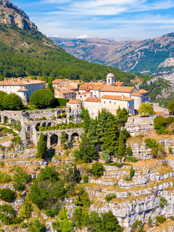 View of mountain top village Gourdon in Provence, France.