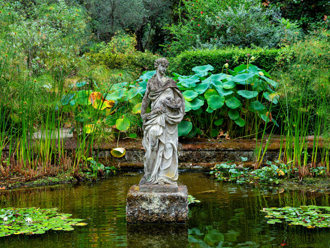 Pool with water lily and statue of woman in the French garden. J