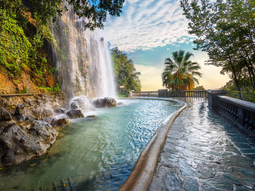 Waterfall in Parc de la Colline du Chateau. Nice, Cote d'Azur, F