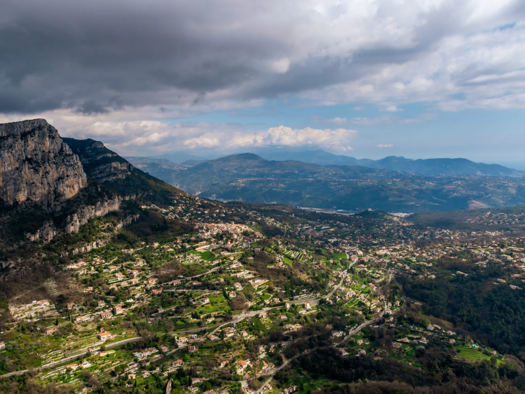 A wide / high angle panoramic view of Saint Jeannet buildings an