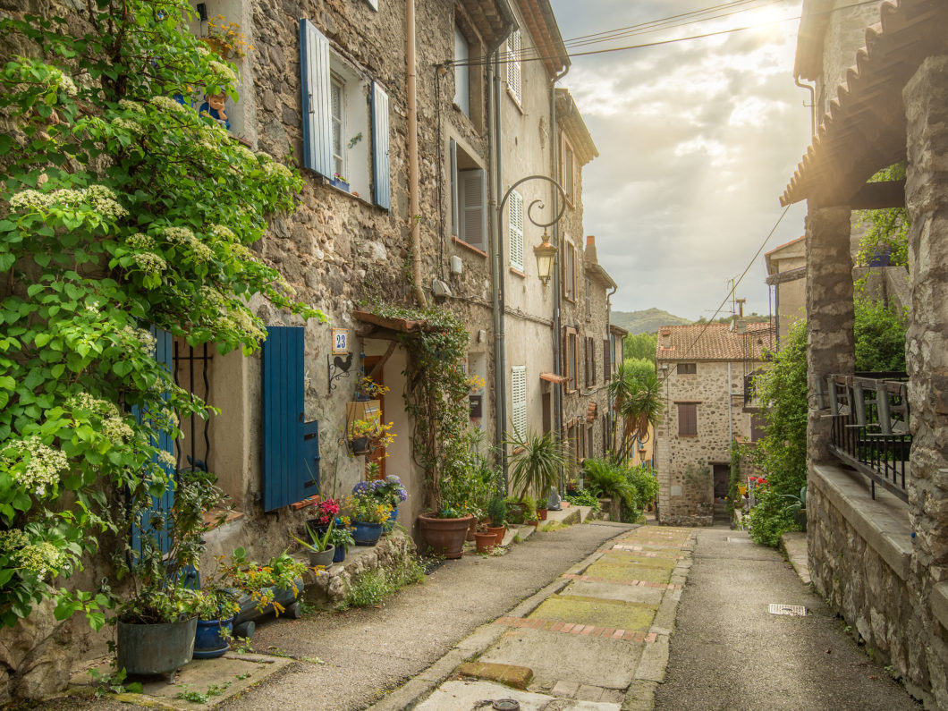 Old streets of the historical part of the French town Villeneuve Loubet