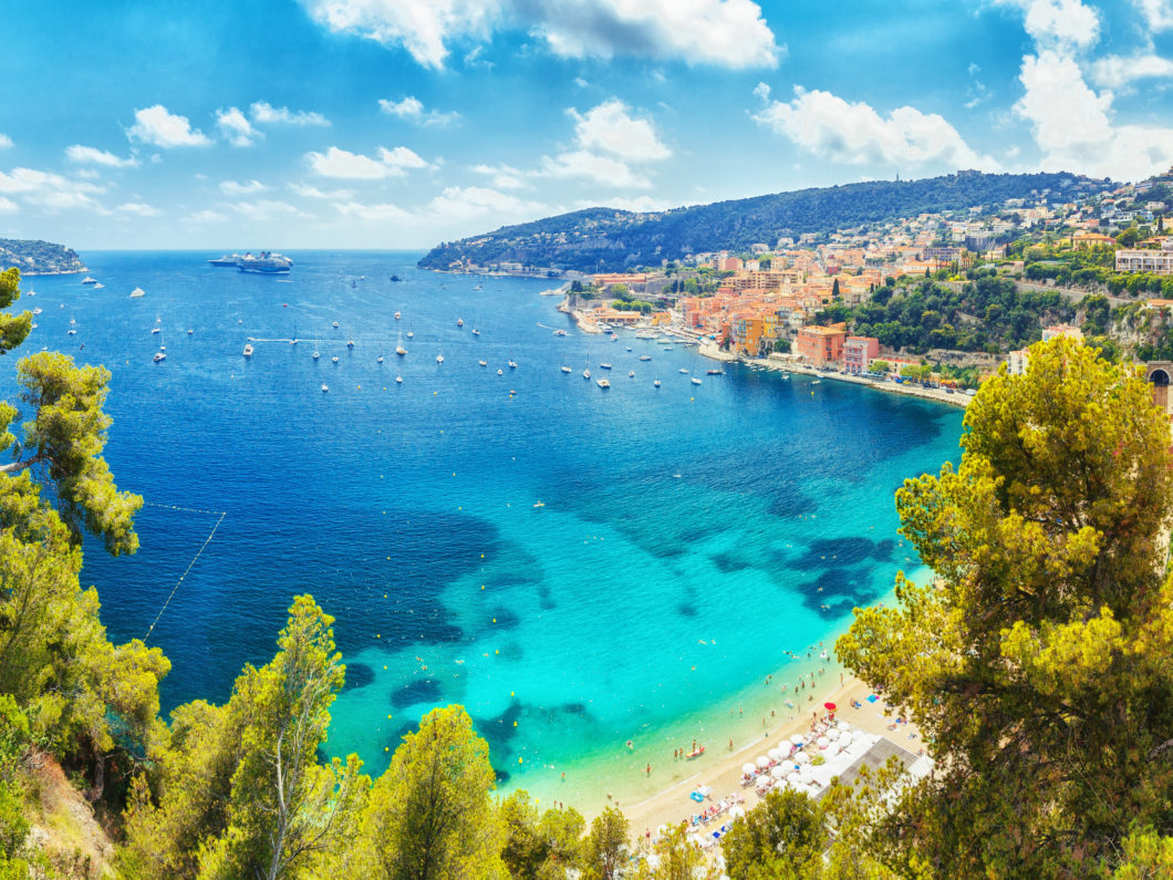 Nice, Cote d'Azure, South coast of France, Europe. View on town Nice coastline, luxury summer resort in France.