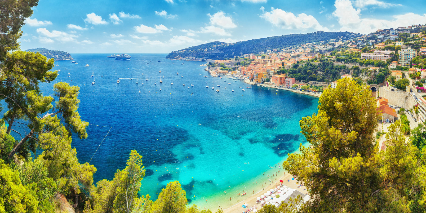 Nice, Cote d'Azure, South coast of France, Europe. View on town Nice coastline, luxury summer resort in France.