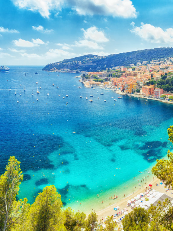 Nice, Cote d'Azure, South coast of France, Europe. View on town Nice coastline, luxury summer resort in France.